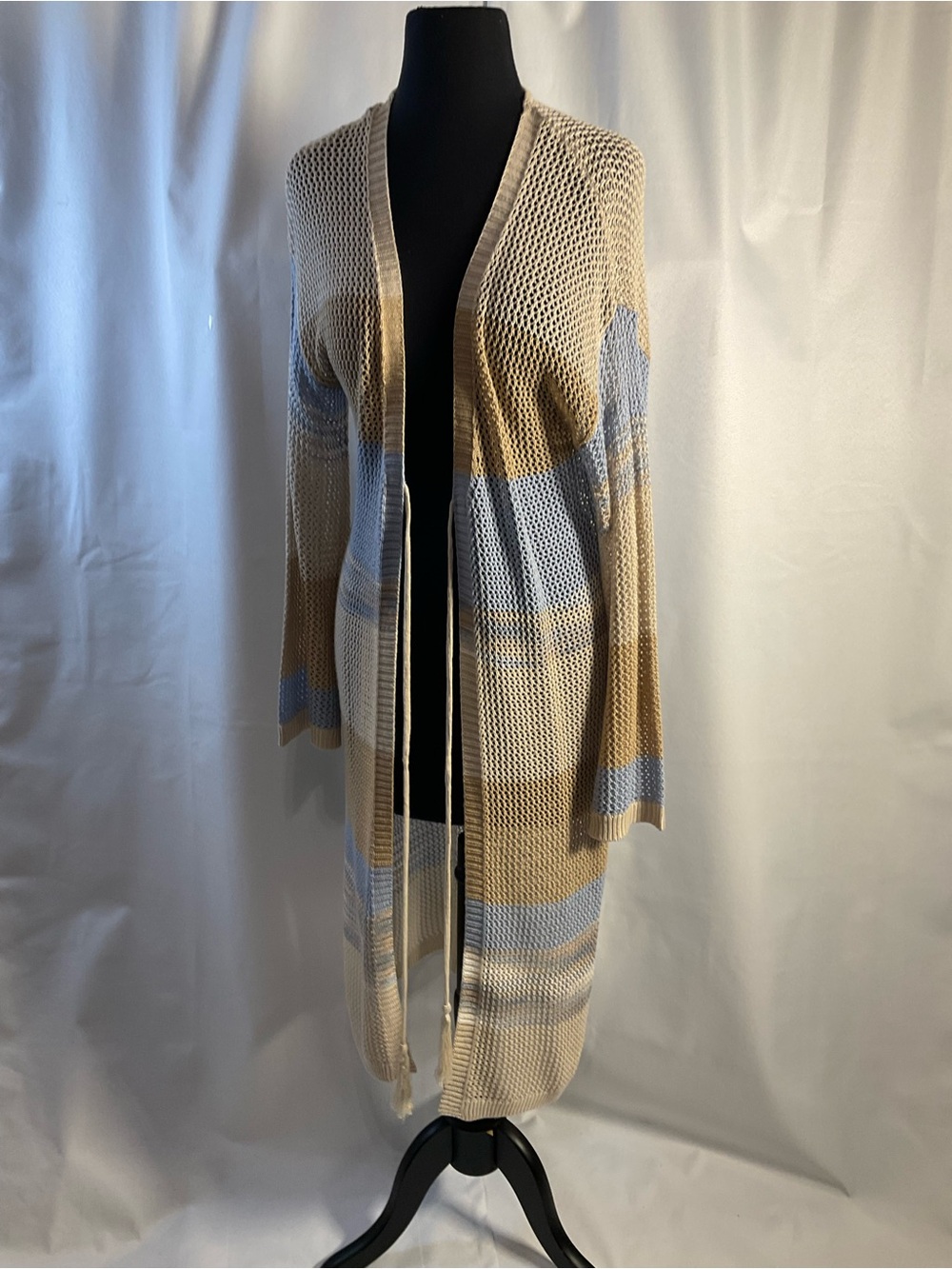 Cato Beige and Light Blue Open-Front Striped Knit Cardigan